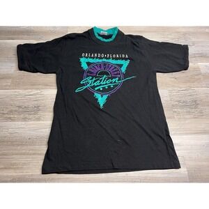 Vintage 90s Orlando L T-Shirt Neon Retro Church Street Station USA Double Collar